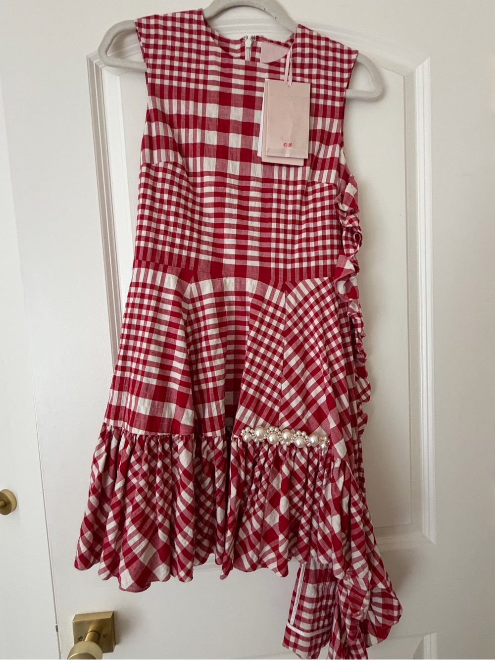 Simone Rocha  x H&M Red & and White Gingham Ruffle Skirt Dress with Pearl Trim